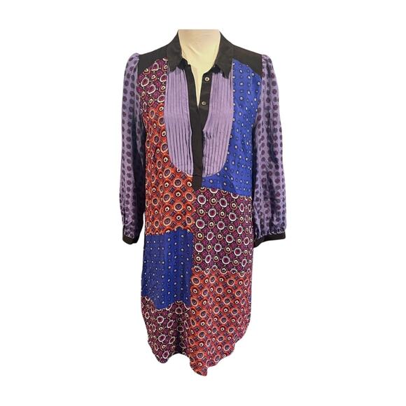 Anthropologie Moulinette Souers Silk Patchwork Shirt Dress M Boho 70s Mod Tunic - Picture 4 of 11